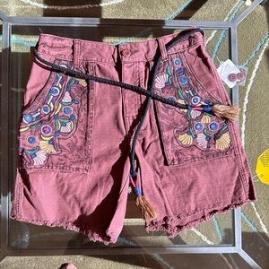 Free People Maroon Embroidered Cargo Shorts